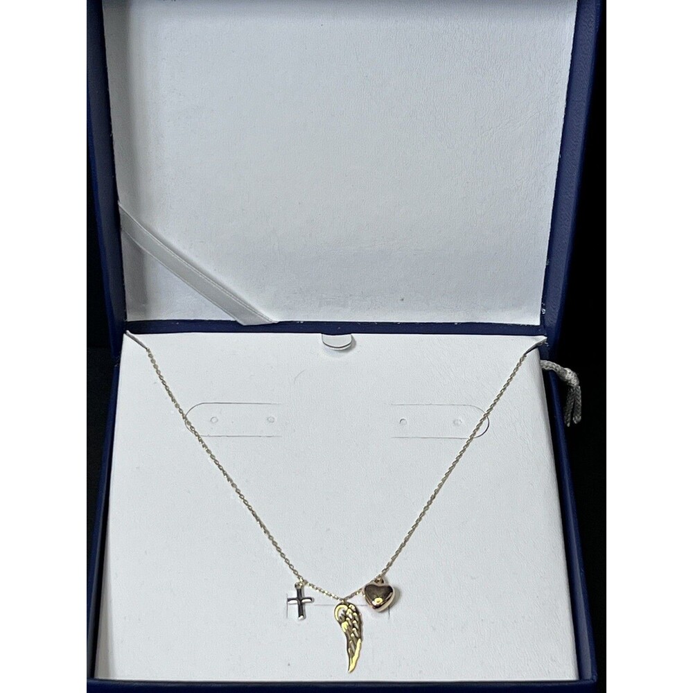 14K Tri Color Gold Necklace Cross Heart Wing Charms 17-18"